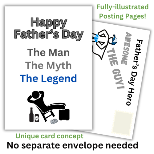 A Father's Day card with the title 'Happy Father's Day - The Man, The Myth, The Legend' displayed on the front. The card is white with blue and black text, and an illustration of a man sitting back with beer bottles surrounding him.