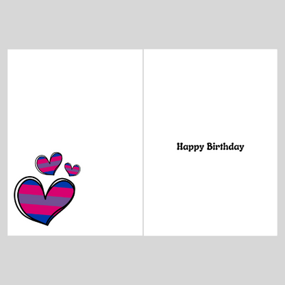 Greeting card with bisexual coloured hearts and 'Happy Birthday' text on a white background
