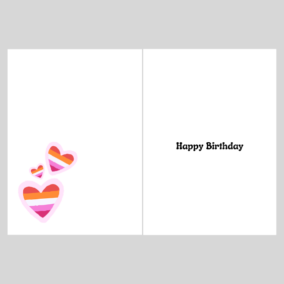 Greeting card with Lesbian heart designs and 'Happy Birthday' text on a gray background