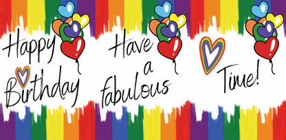 Colorful trifold self-seal birthday card with hearts and text 'Happy Birthday, Have a fabulous time!' on a white background.