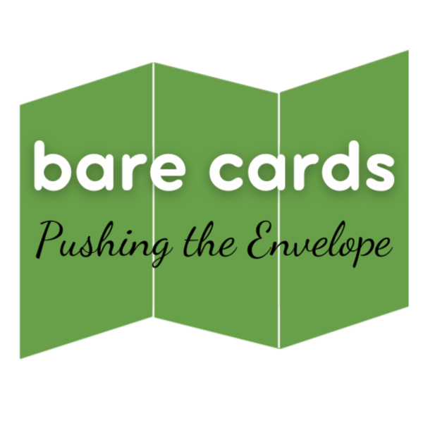 Image shows the Bare Cards logo with company name and the tagline 'Pushing the Envelope' on a green trifold card background which depicts the patented self-sealing card concept.