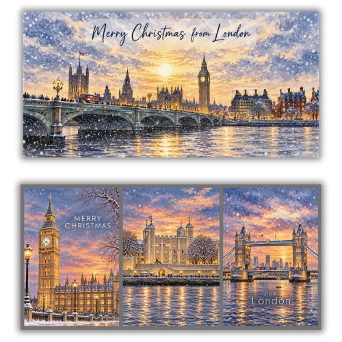 A set of two self-sealing London Christmas greeting cards from Bare Cards shown against a white background. The top card is a single trifold card reading 'Merry Christmas from London' with a snowy winter cityscape. The bottom card is a triptych design featuring Big Ben, Westminster Bridge, and the Thames.