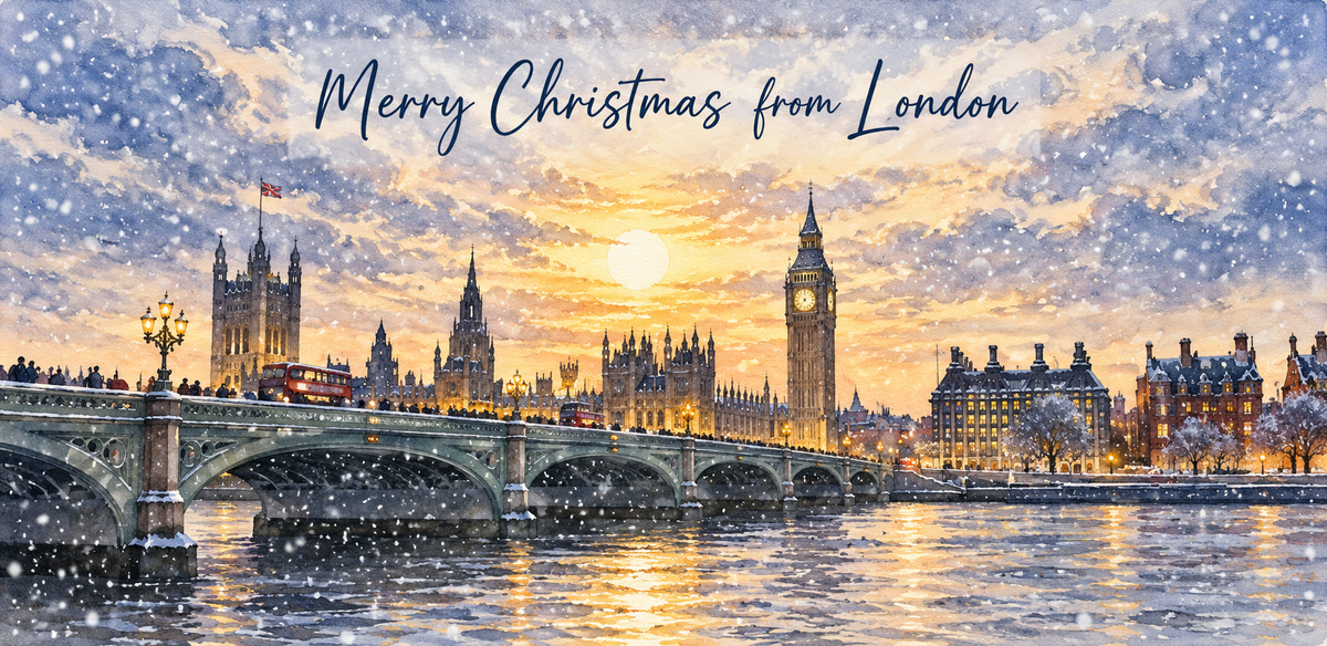 A festive Christmas greeting card design featuring a snowy London skyline with Big Ben, Westminster Bridge, and red buses under a golden sunset sky. The text 'Merry Christmas from London' is written in elegant script at the top.