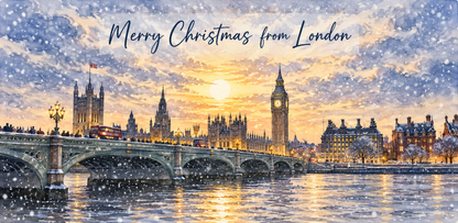 A festive Christmas greeting card design featuring a snowy London skyline with Big Ben, Westminster Bridge, and red buses under a golden sunset sky. The text 'Merry Christmas from London' is written in elegant script at the top.