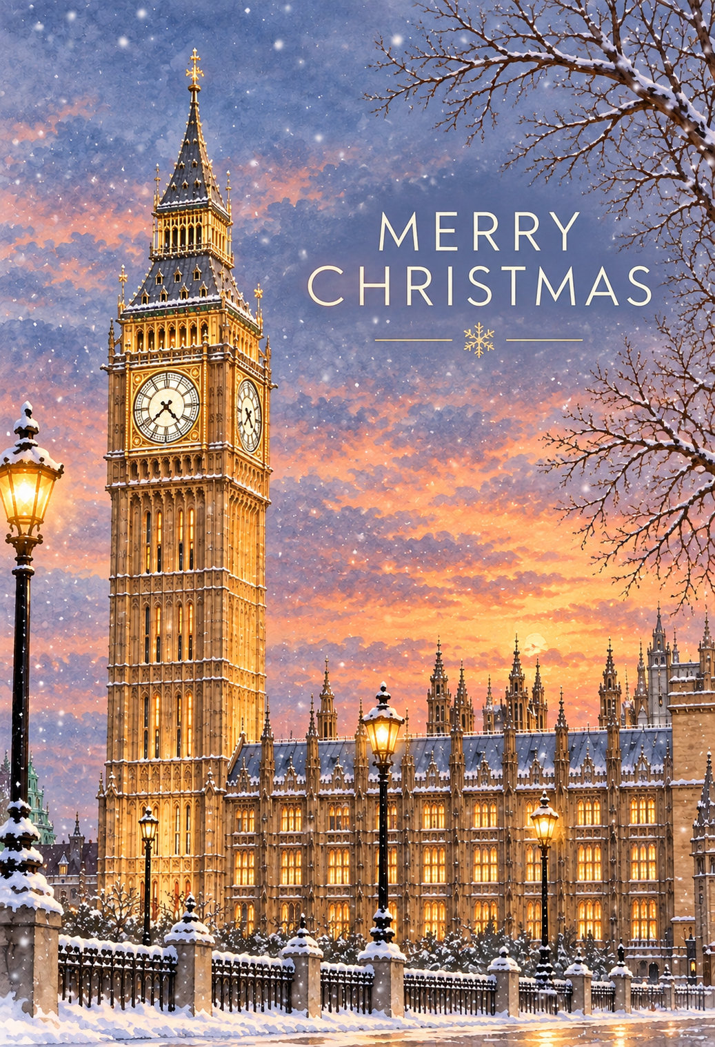 Panel one of the triptych London Christmas Card from Bare Cards on a wooden surface, showing a snowy London scene with Big Ben and the Houses of Parliament under a colorful sunset sky. The card reads “MERRY CHRISTMAS.