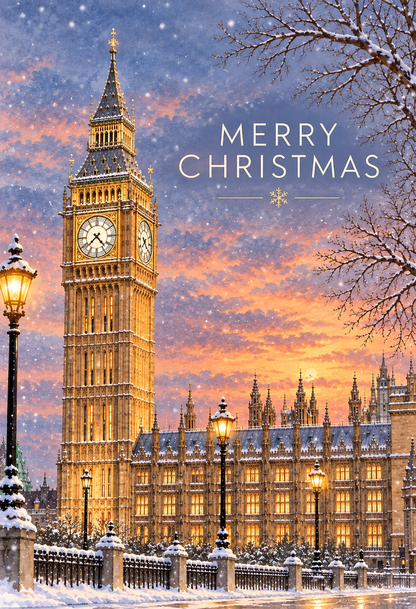 Panel one of the triptych London Christmas Card from Bare Cards on a wooden surface, showing a snowy London scene with Big Ben and the Houses of Parliament under a colorful sunset sky. The card reads “MERRY CHRISTMAS.