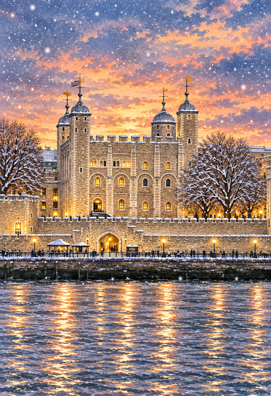 The middle panel of the Bare Cards triptych London Christmas greeting card featuring a festive Christmas scene with Tower Hill under a snowy orange and purple sky, displayed on a wooden surface.