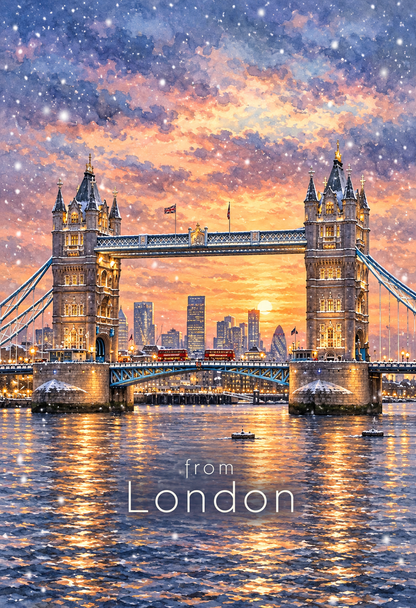 The third panel of the Bare Cards self-sealing triptych London Christmas Card featuring a London Tower Bridge sunset scene with falling snow, printed on a gray cardstock border.