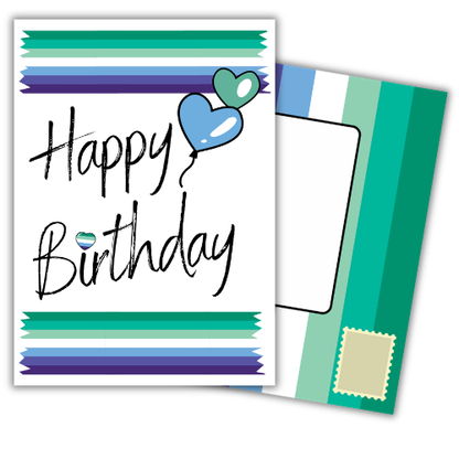 Bare Cards MLM Birthday Card with built-in Pride Flag Posting Page shown behind. 'Happy Birthday' text with MLM Pride Flag coloured banners and balloons.