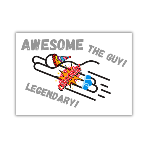 Self-sealing posting back cover for the Bare Cards Humour ranges, featuring funny illustrations and the text 'Awesome, the guy, legendary'. 