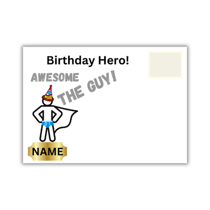 Self-sealing posting front cover for the Bare Cards Humour ranges, featuring funny illustrations and the text 'Birthday Hero, Awesome, the guy, legendary'. Personalised name space indicated.