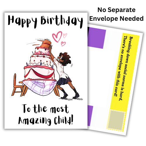 Non-binary birthday card for your child featuring birthday cake artwork, Non-Binary Pride Flag posting covers and Bare Cards' patented self-sealing envelope-free design.