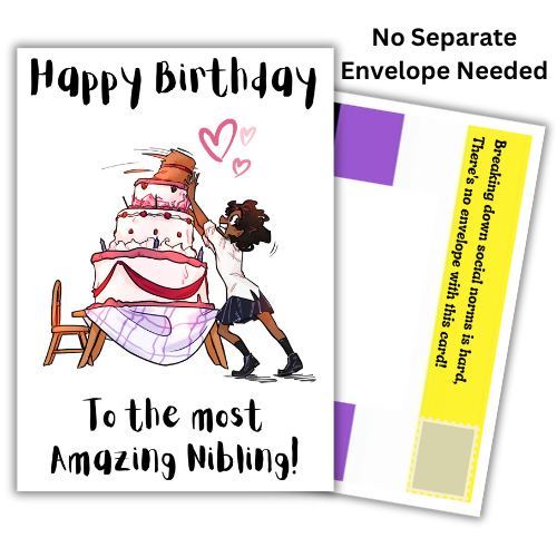 Non-binary birthday card for a nibling featuring birthday cake artwork, Non-Binary Pride Flag posting covers and Bare Cards' patented self-sealing envelope-free design.