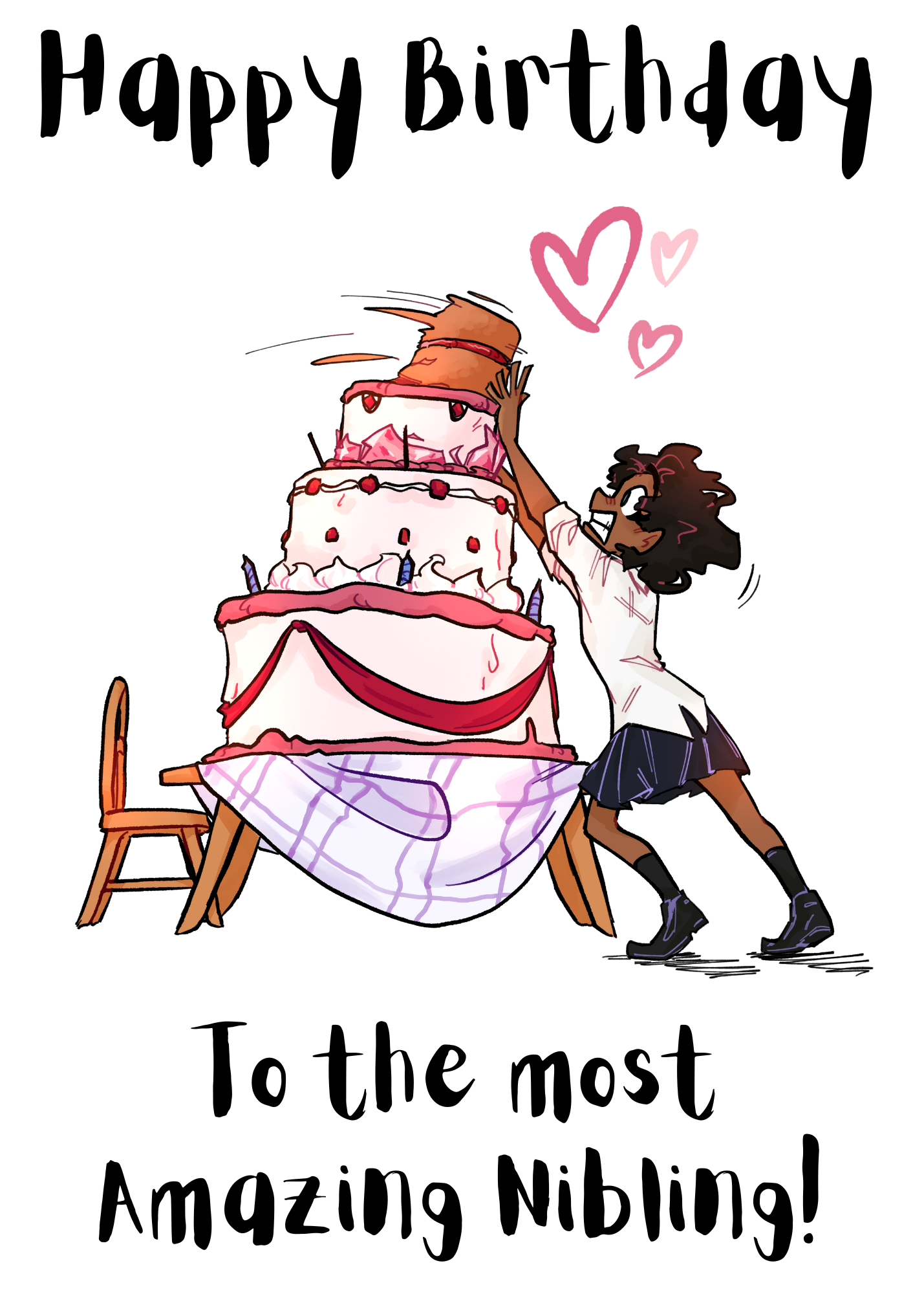 Non-binary birthday card for a nibling featuring birthday cake artwork, Non-Binary Pride Flag posting covers and Bare Cards' patented self-sealing envelope-free design.
