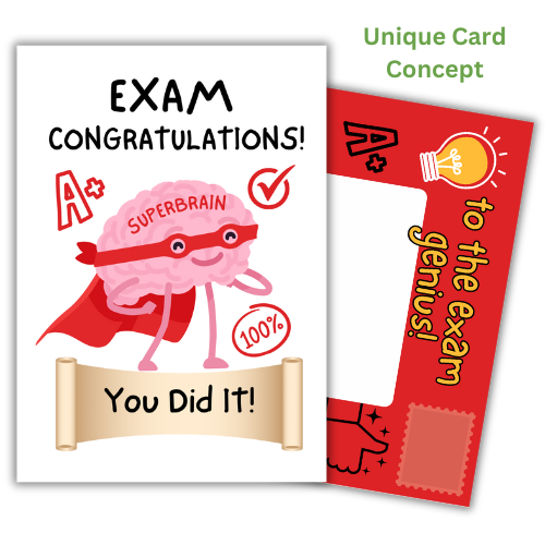 Exam congratulations card for GCSE, A‑Level and SATs success – sustainable greeting card by Bare Cards featuring a cartoon illustration of a brain with a cape, along with text and graphic elements indicating academic achievement.