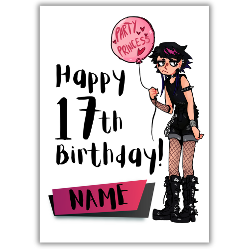 Image features the front of the Bare Cards 17th Birthday Goth Girl for the 'Party Princess'. Picture shows a 7.5 x 5 inch card with a gothic looking teenager holding a pink balloon with the words 'Party Princess' written on it. It's on a white Background and features the caption 'Happy 17th Birthday!" with a space to personalise below.