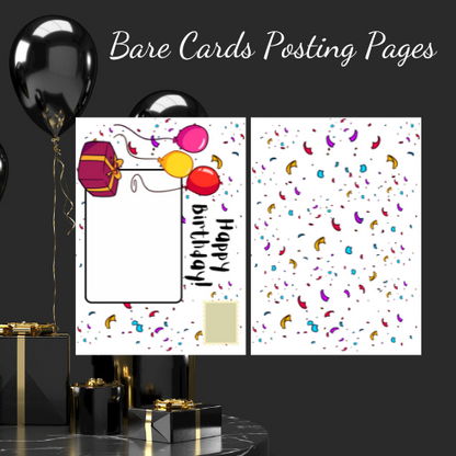The image shows a graphic mock-up of the Bare Cards Goth Girl Range Posting Covers. It shows the two posting covers which are covered in multi-coloured confetti and on a white background. The front posting cover has a picture of  present and three balloons, a stamp, an address label and the caption 'Happy Birthday'. Around the posting pages, on a party background are the words 'Bare Cards Posting Pages'