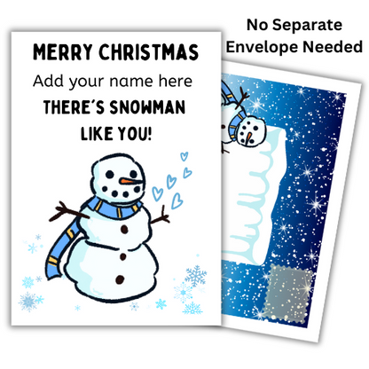 A personalized Christmas card featuring a cartoon snowman with the text 'Merry Christmas' and 'There's Snowman Like you!' along with a blue and starry night built-in envelope
