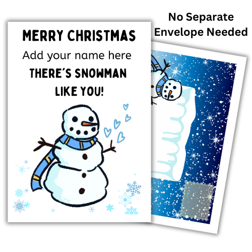 A personalized Christmas card featuring a cartoon snowman with the text 'Merry Christmas' and 'There's Snowman Like you!' along with a blue and starry night built-in envelope