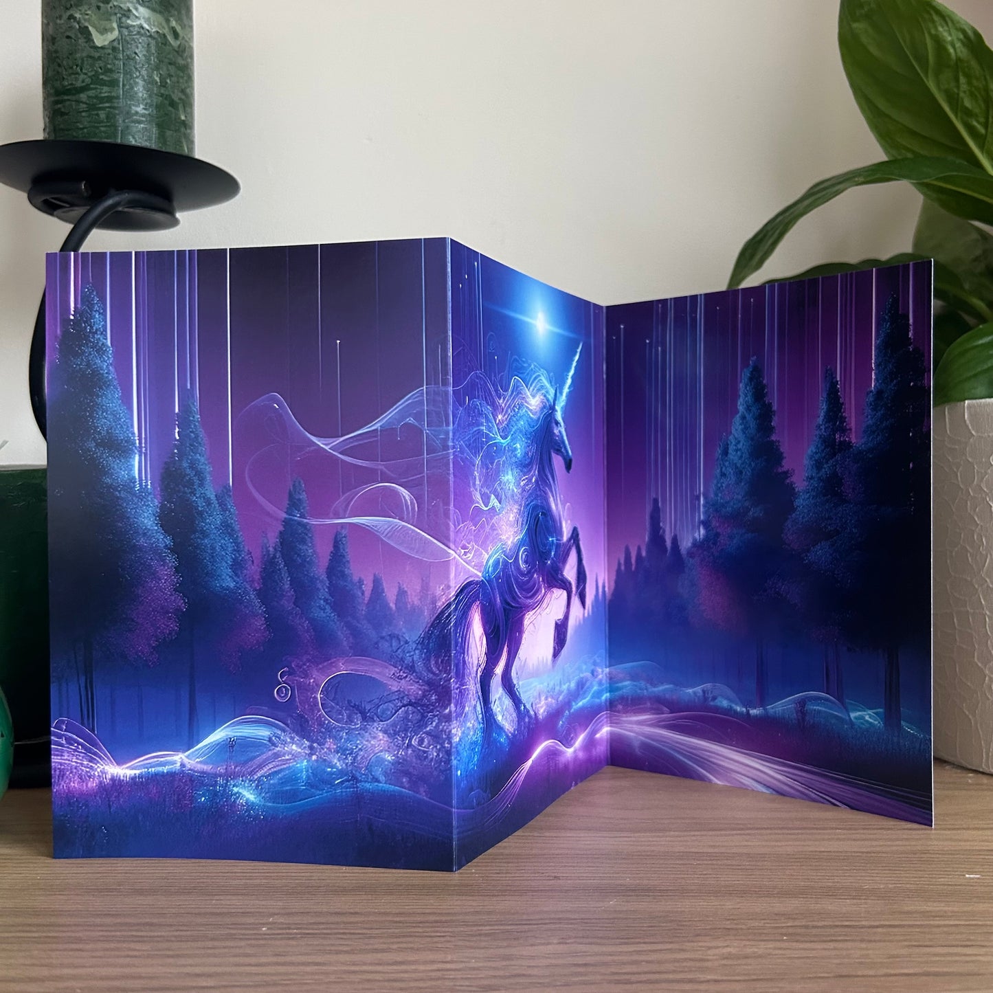 Futuristic unicorn design on a purple background with trees, placed indoors.