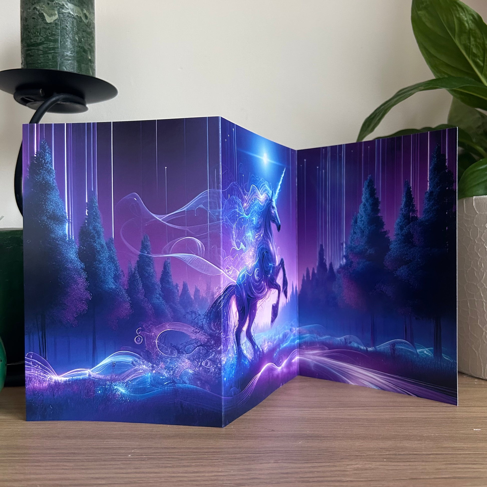 Futuristic unicorn design on a purple background with trees, placed indoors.
