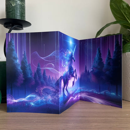 Futuristic unicorn design on a purple background with trees, placed indoors.