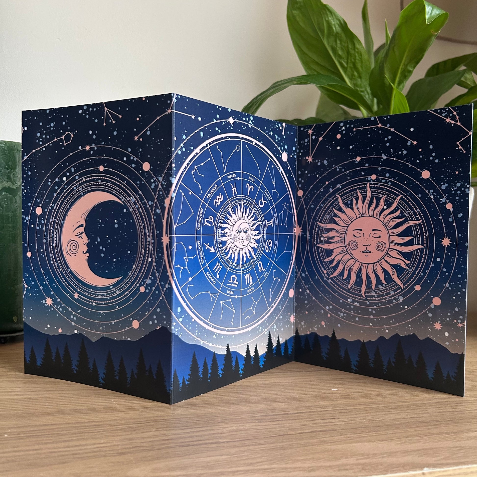 Astrological design card with sun, moon, and zodiac symbols on a wooden surface with a plant in the background.
