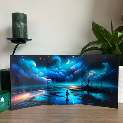 Futuristic landscape with a person standing on a reflective surface, surrounded by swirling clouds and celestial bodies, placed indoors.