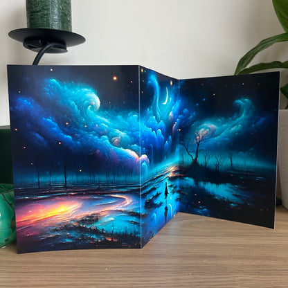 Futuristic landscape with blue skies and trees reflected in water, displayed on a stand.