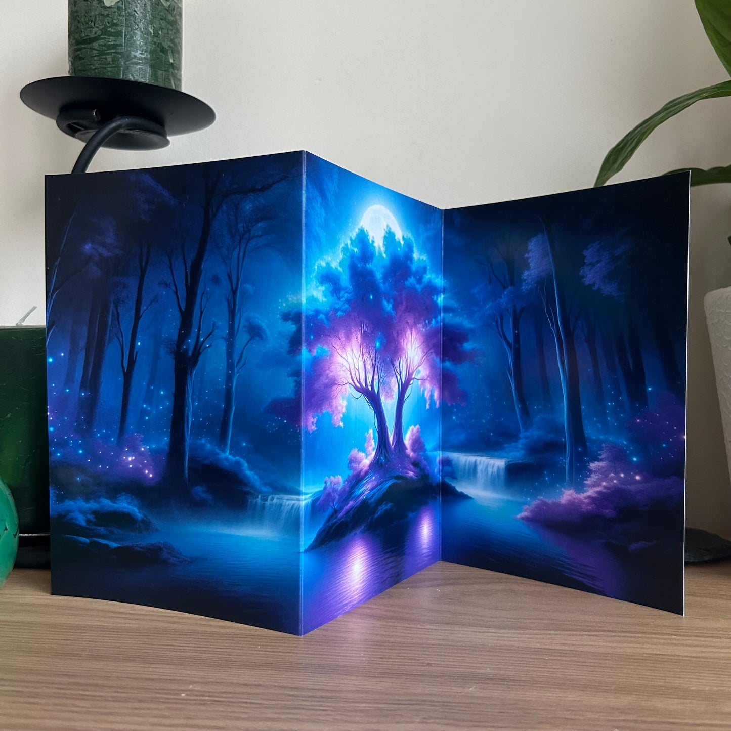 Futuristic landscape with a glowing tree in a dark forest setting