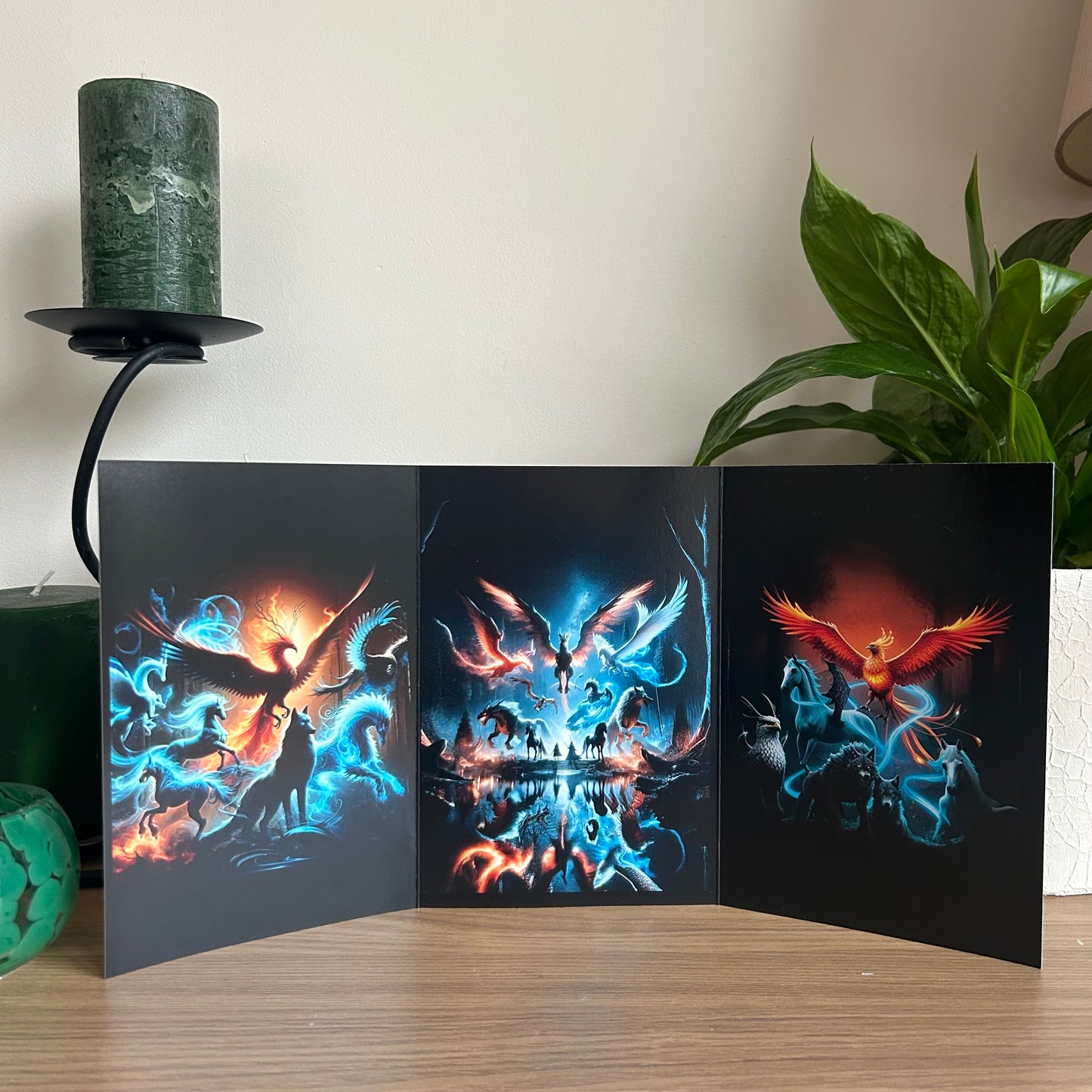 Triptych artwork of a phoenix with a candle and plant in the background
