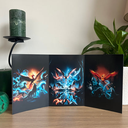 Triptych artwork of a phoenix with a candle and plant in the background