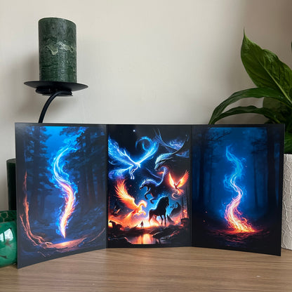 Triptych artwork with fantasy elements on a wooden surface with a candle and plant in the background.