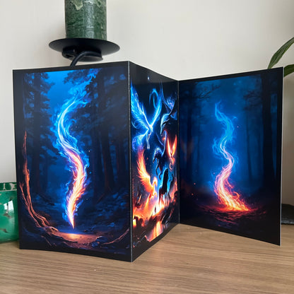 Triptych art piece with glowing blue and orange designs on a dark background, displayed on a wooden surface.