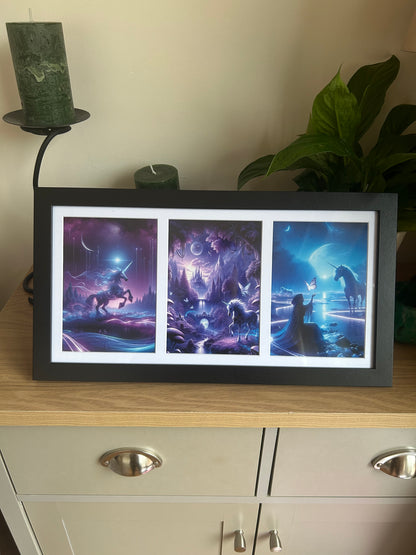 Framed digital display with images of futuristic unicorn scenes.