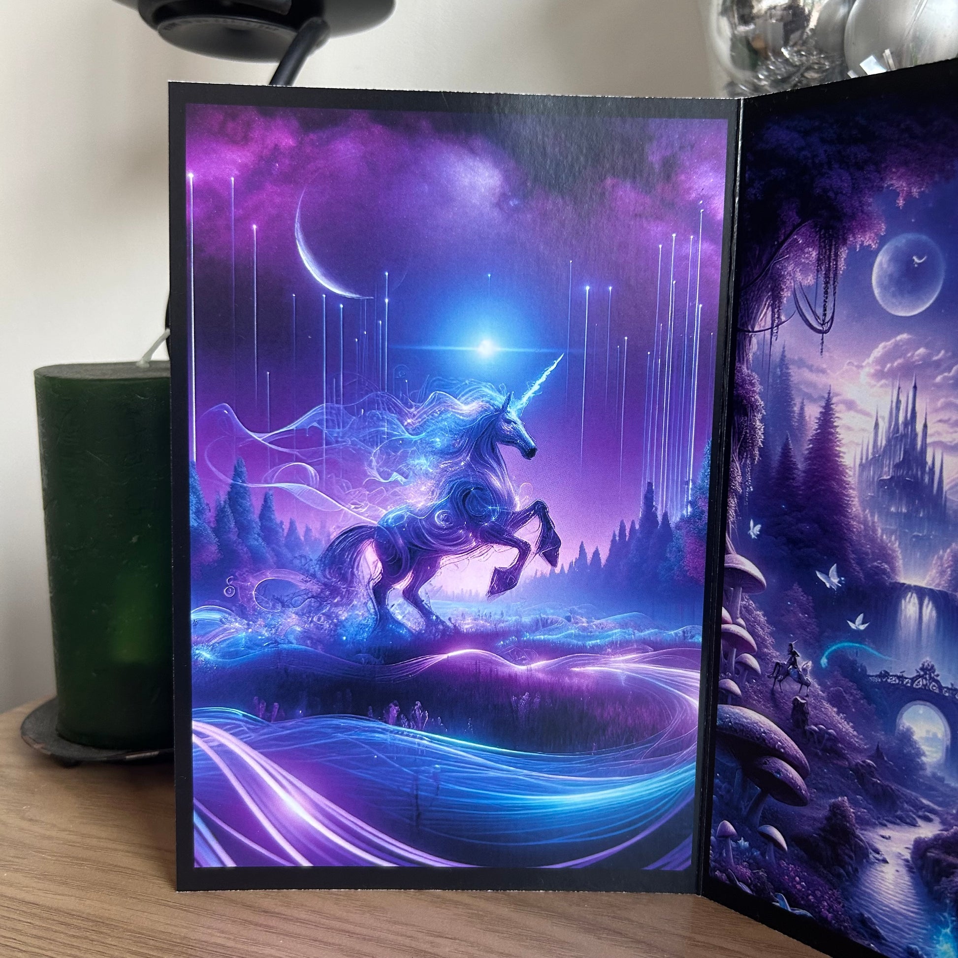 Futuristic unicorn in a purple landscape with trees and a moonlit sky.