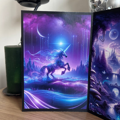 Futuristic unicorn in a purple landscape with trees and a moonlit sky.