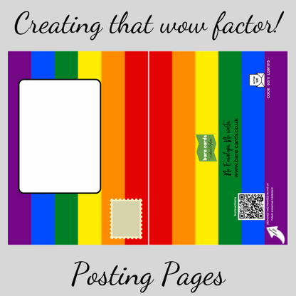 Bare Cards Self-sealing LGBTQIA Birthday Card posting pages in Rainbow Pride flag colours