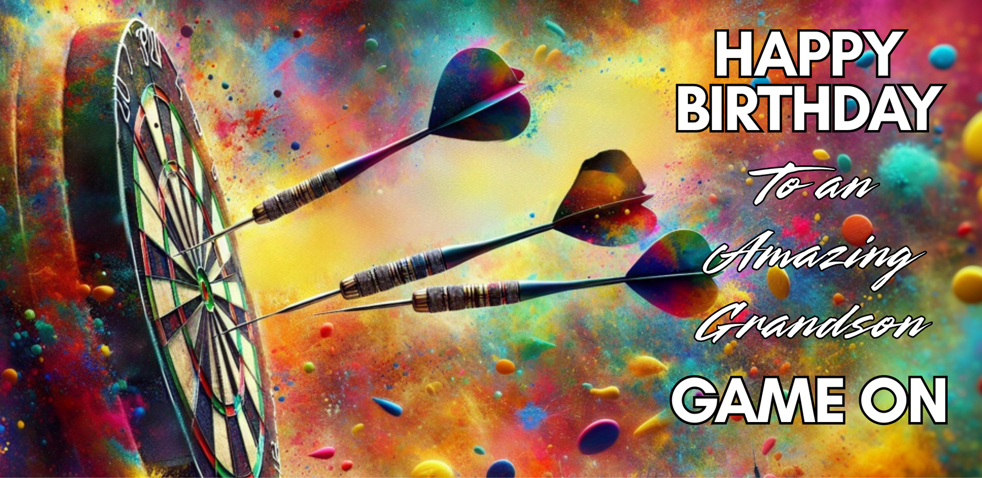 Bare Cards Colorful Trifold Darts Birthday Card for Grandson with Darts hitting a dartboard and the text "Happy Birthday to an amazing Grandson. Game On"