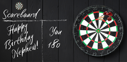 Dartboard with darts on a black background, accompanied by text 'Scoreboard Happy Birthday Nephew! You 180'.