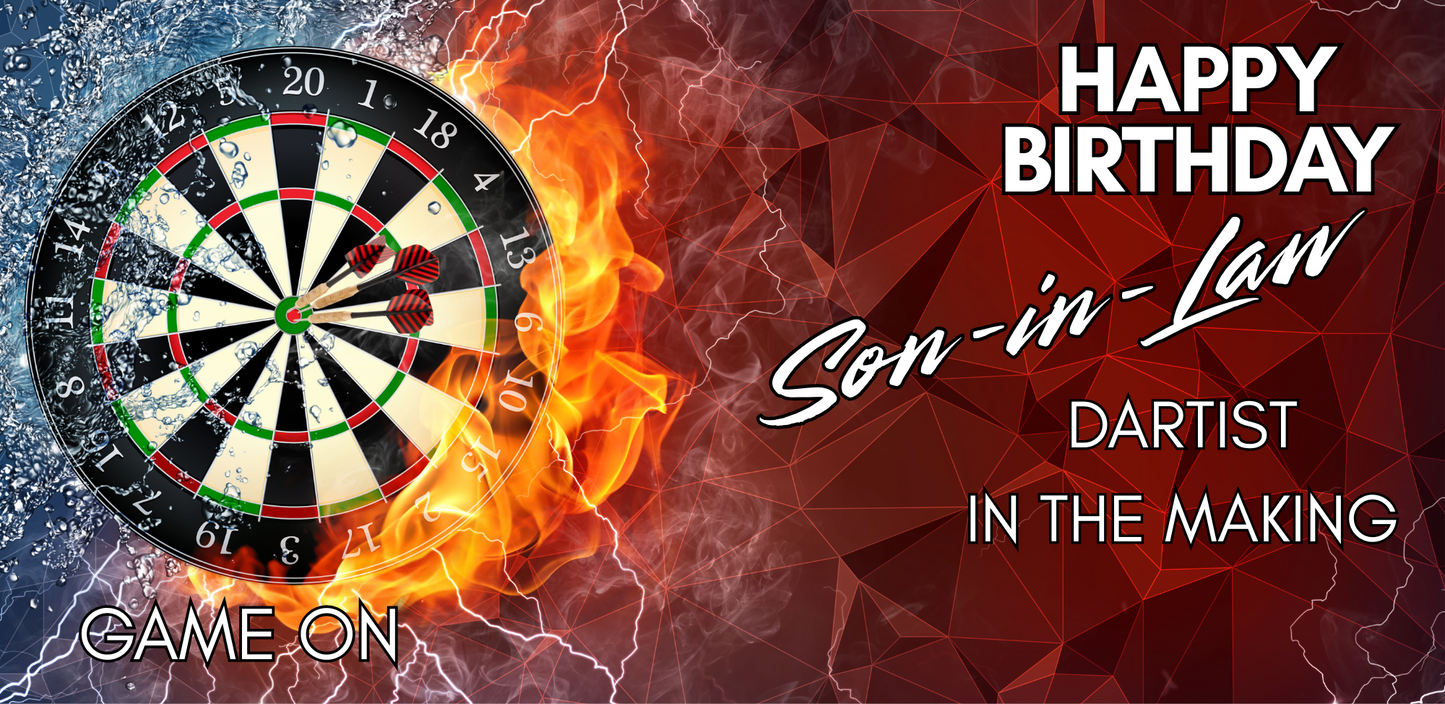 Dartboard with flames on a red and blue abstract background with birthday message "Happy Birthday Son-in-Law. Dartist in the making"