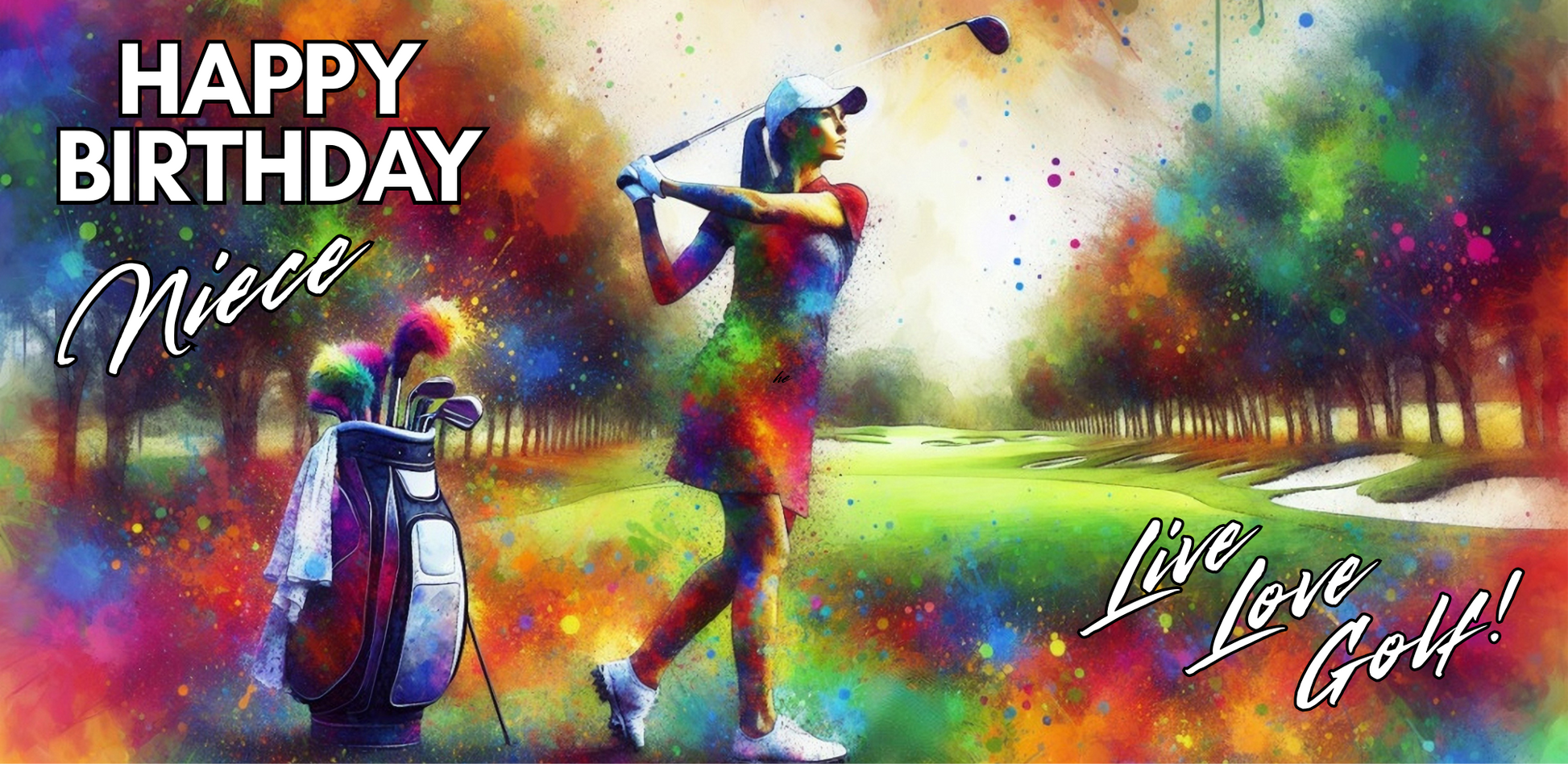 Bare Cards self-sealing Trifold birthday card for niece golfer featuring woman taking a swing on a golf course background of rainbow paint splatters and the text "Happy Birthday Niece, Live Love Golf!".