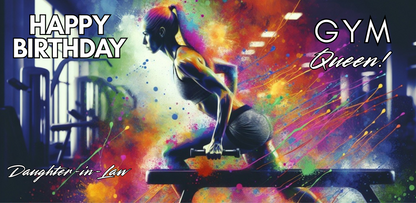 Bare Cards Trifold Colorful birthday card with a woman lifting weights and text 'Happy Birthday Gym Queen Daughter in Law'.