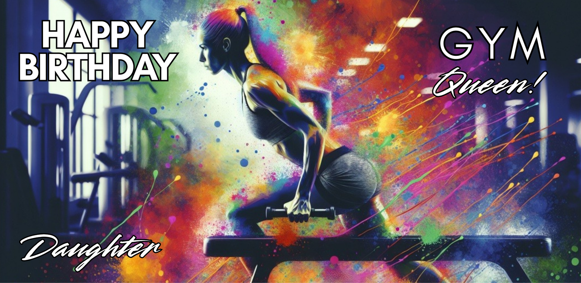 Bare Cards Trifold Colorful birthday card for a gym queen with a woman lifting weights and text "Happy Birthday Daughter GYM Queen".