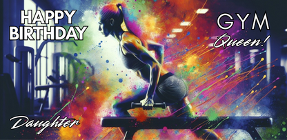 Bare Cards Trifold Colorful birthday card for a gym queen with a woman lifting weights and text "Happy Birthday Daughter GYM Queen".