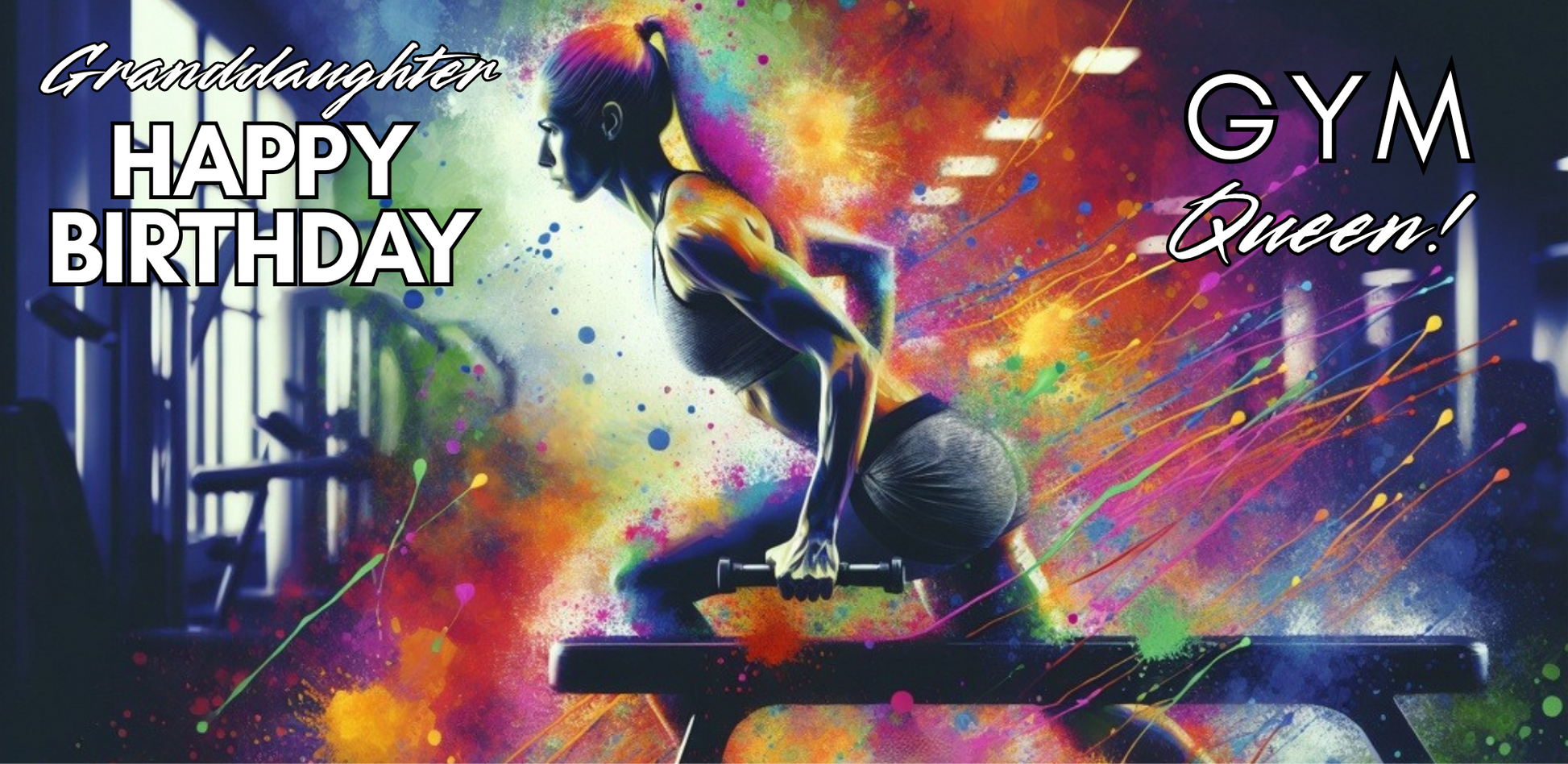 Bare Cards Trifold Colorful birthday card with a woman lifting weights in a gym, text 'Granddaughter Happy Birthday Gym Queen'.