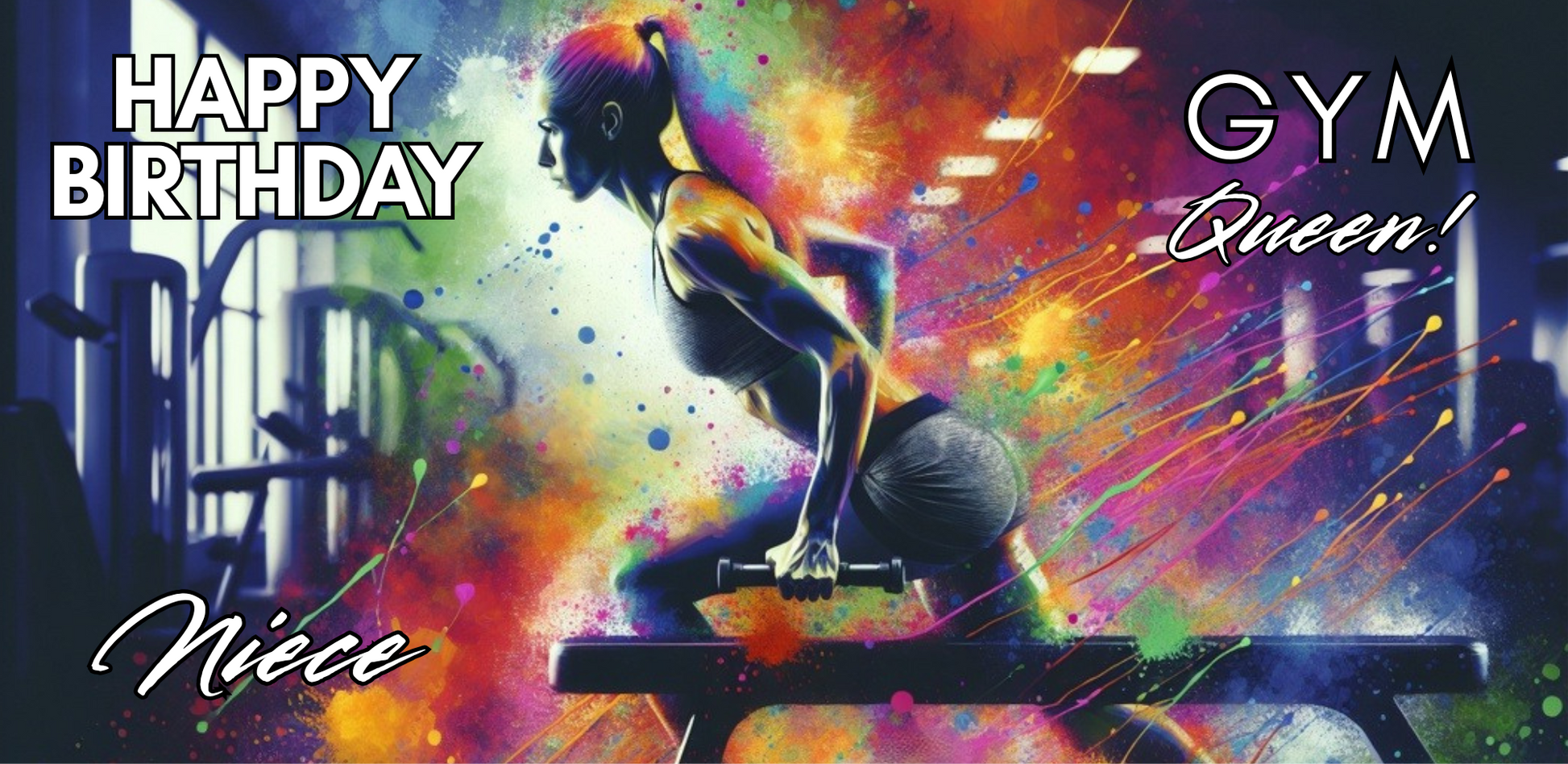 Bare Cards Trifold Colorful birthday card for a gym queen with a woman lifting weights and text "Happy Birthday Niece GYM Queen".