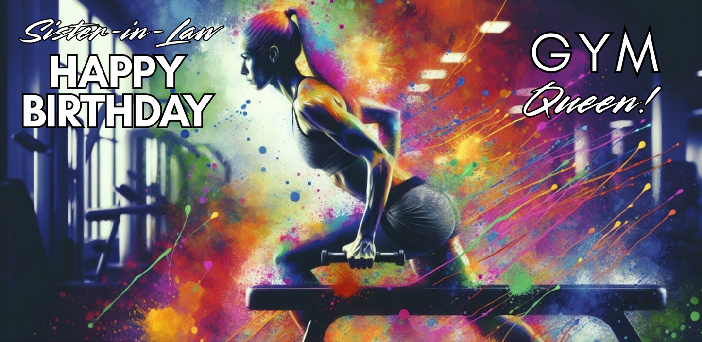 Bare Cards Trifold Colorful birthday card for a gym queen with a woman lifting weights and text "Happy Birthday Sister-in-Law GYM Queen".