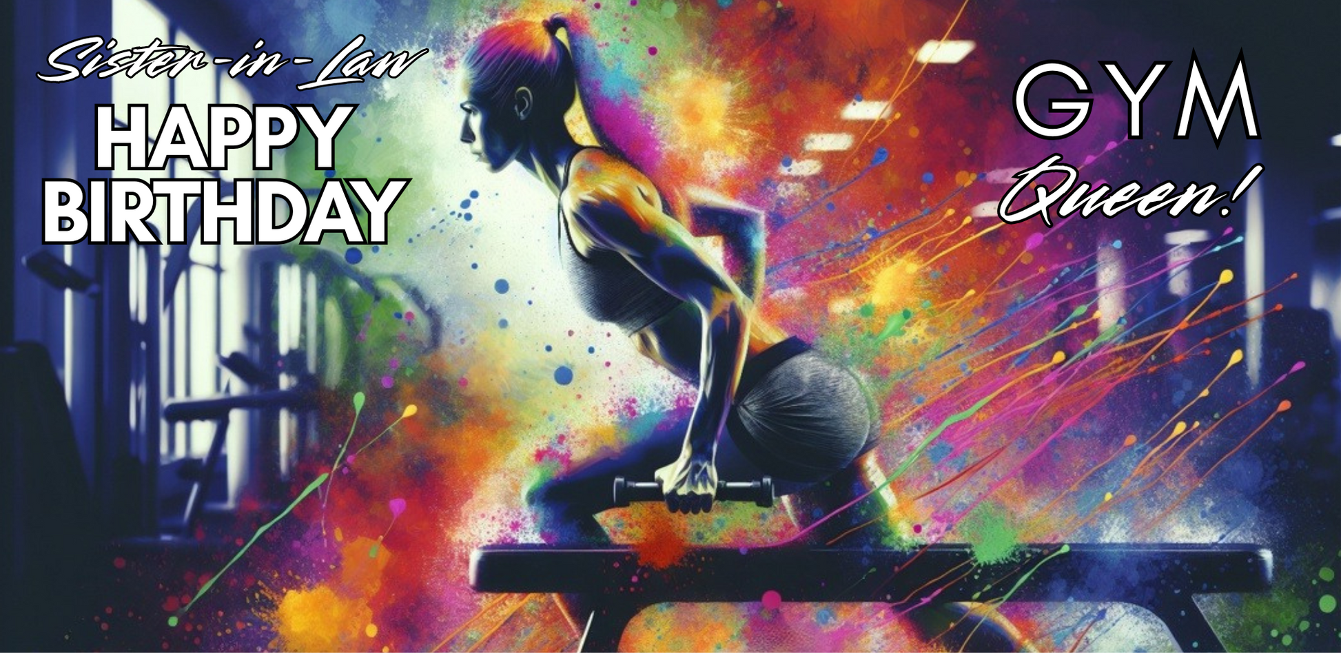 Bare Cards Trifold Colorful birthday card for a gym queen with a woman lifting weights and text "Happy Birthday Sister-in-Law GYM Queen".