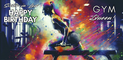 Bare Cards Trifold Colorful birthday card for a gym queen with a woman lifting weights and text "Happy Birthday Sister-in-Law GYM Queen".